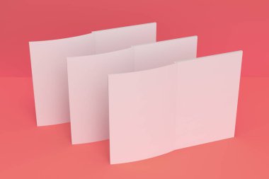 Üç boş beyaz açık broşür mock-up kırmızı zemin üzerine