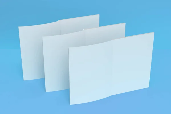 Three blank white open brochure mock-up on blue background — Stock Photo, Image