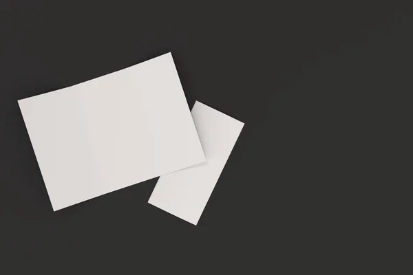 空白的白色开放三折小册子样机在黑色背景上 — 图库照片