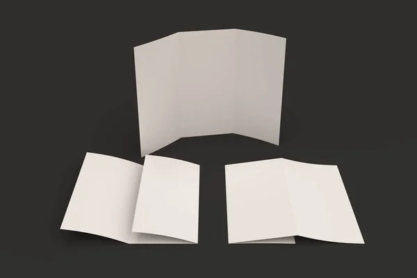 Branco em branco três vezes brochura mockup no fundo preto — Fotografia de Stock