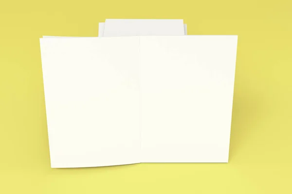 Pilha de branco branco fechado e uma brochura aberta mock-up em yel — Fotografia de Stock