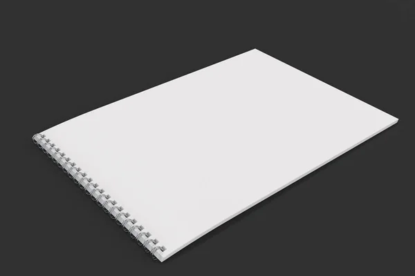 Notebook branco em branco com espiral de metal encadernado no fundo preto — Fotografia de Stock