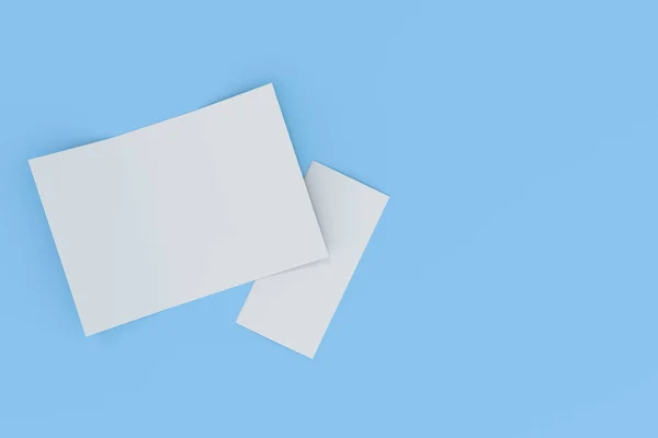 Branco em branco aberto três vezes brochura mockup no fundo azul — Fotografia de Stock