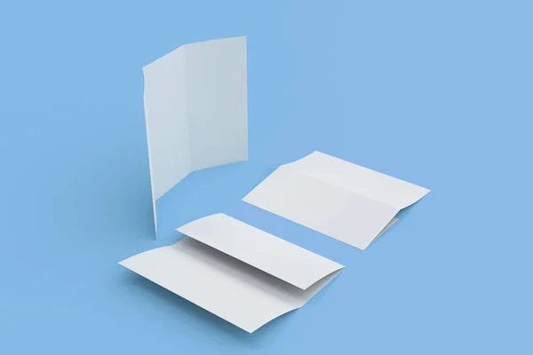 Folleto de tres pliegues blanco en blanco maqueta sobre fondo azul — Foto de Stock