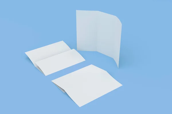 Folleto de tres pliegues blanco en blanco maqueta sobre fondo azul —  Fotos de Stock