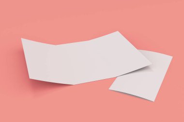 Boş beyaz açık üç broşür mockup kırmızı zemin üzerine katlayın.