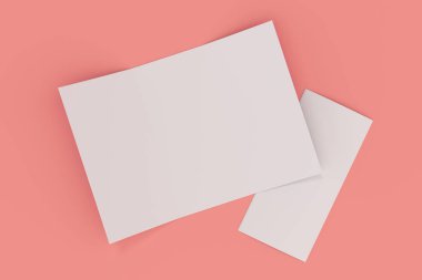 Boş beyaz açık üç broşür mockup kırmızı zemin üzerine katlayın.
