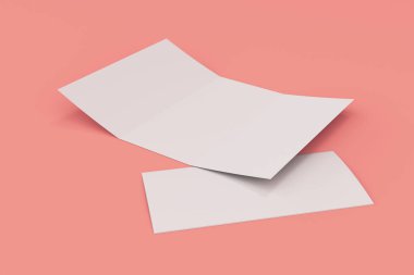 Boş beyaz açık üç broşür mockup kırmızı zemin üzerine katlayın.