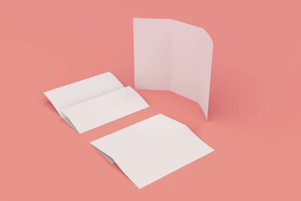 Blank hvid tre fold brochure mockup på rød baggrund - Stock-foto