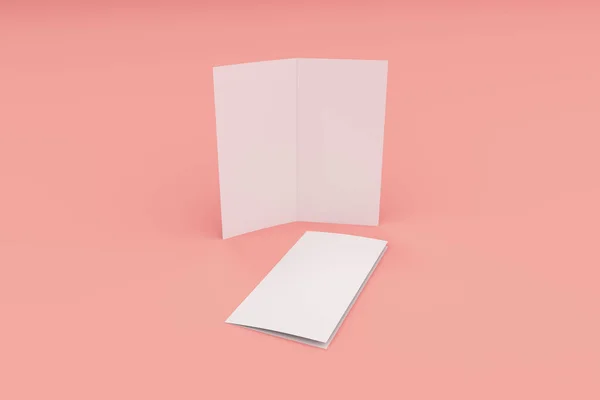 Boş beyaz iki kat broşürü mockup kırmızı zemin üzerine — Stok fotoğraf