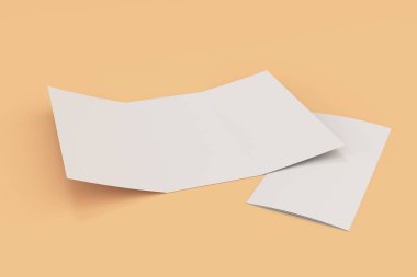 Turuncu zemin üzerine boş beyaz açık üç katlı broşür mockup