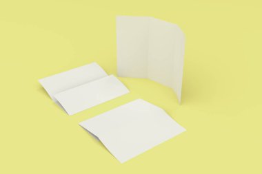 Boş beyaz üç katlı broşür mockup Sarı zemin üzerine