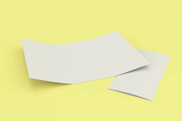 Prázdné bílé otevřené tři Přeložte brožuru maketa na žlutém podkladu — Stock fotografie