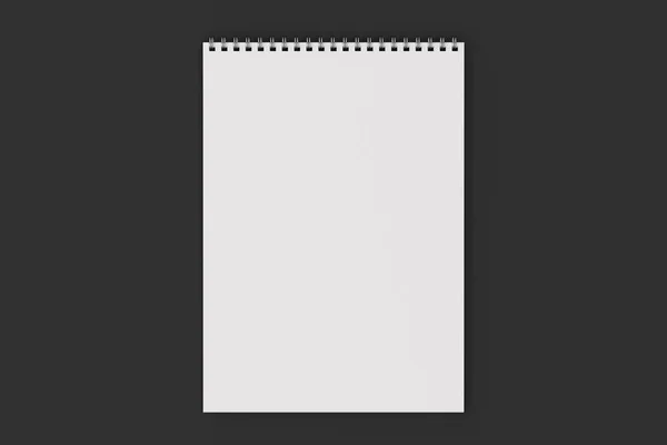 Notebook branco em branco com espiral de metal encadernado no fundo preto — Fotografia de Stock