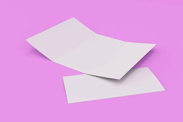 Blank white open three fold brochure mockup on violet background