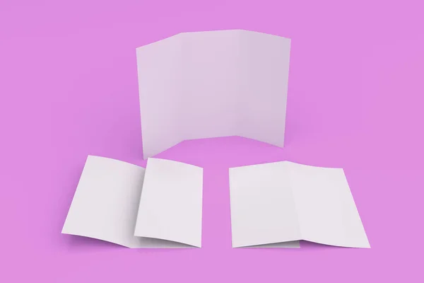 Üres fehér háromszorosa brosúra makett-lila háttér — Stock Fotó