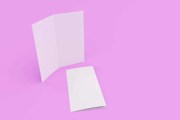 Branco em branco duas dobras brochura mockup no fundo violeta — Fotografia de Stock