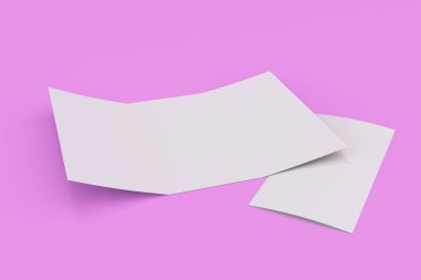 Menekşe arka plan üzerinde boş beyaz açık üç katlı broşür mockup