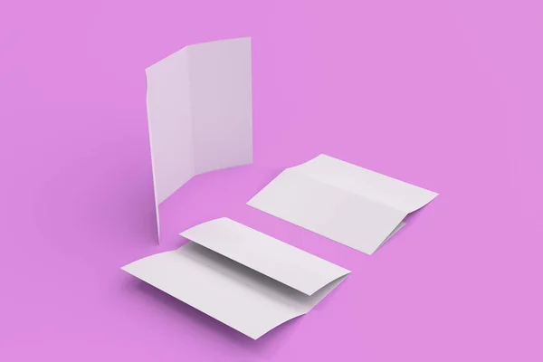 紫色の背景に空白の白い 3 つ折りパンフレット モックアップ — ストック写真