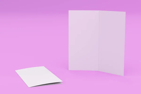 Branco em branco duas dobras brochura mockup no fundo violeta — Fotografia de Stock