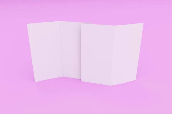 紫色の背景の空白の白 2 つ折りパンフレット モックアップ — ストック写真