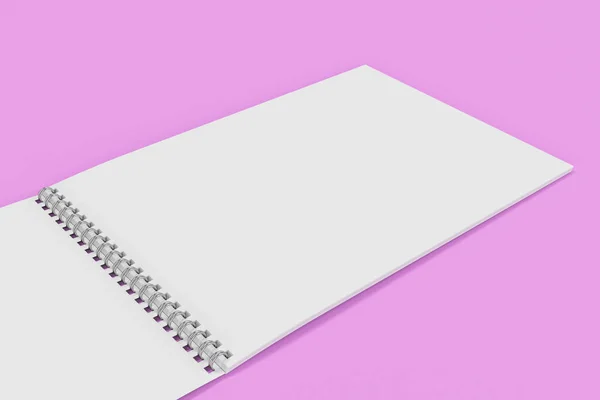 Aperto notebook bianco bianco con spirale metallica rilegata sul retro viola — Foto Stock