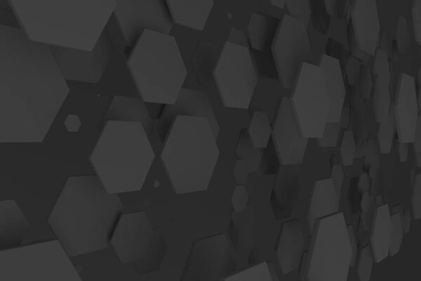 Black hexagons of random size on black background. Abstract background with hexagons. Cloud of hexagons in front of wall. 3D rendering illustration