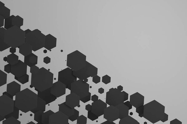Black hexagons of random size on white background. Abstract background with hexagons. Cloud of hexagons in front of wall. 3D rendering illustration