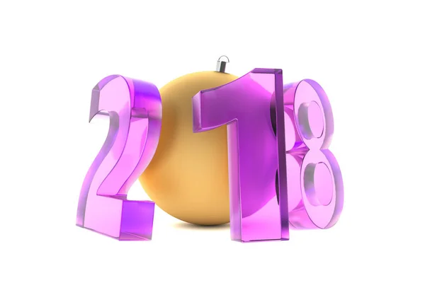 Neues Jahr 2018 violette Glasfiguren mit goldener Dekorationskugel — Stockfoto