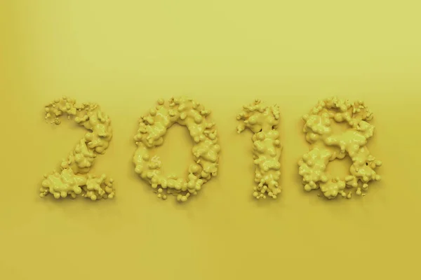 Υγρό κίτρινο αριθμό 2018 με σταγόνες σε κίτρινο φόντο — Φωτογραφία Αρχείου