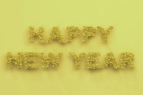 Щасливі новорічні слова з жовтих кульок на жовтому фоні — стокове фото