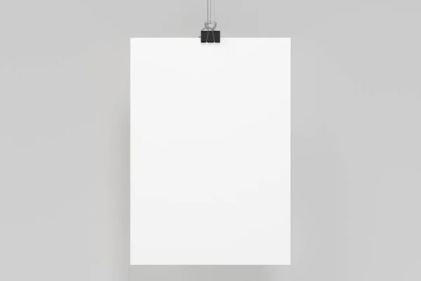 Cartaz branco em branco com mockup de grampo de aglutinante no fundo branco — Fotografia de Stock
