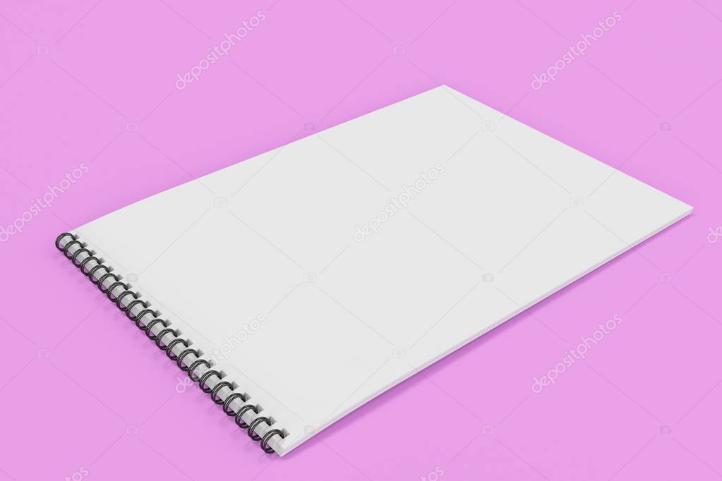Blank white notebook with black spiral bound on violet backgroun