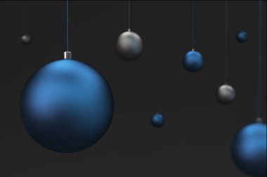 Siyah zemin üzerine mavi ve gümüş Noel topları kümesi