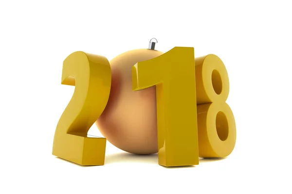 Novas figuras de plástico amarelo 2018 ano com bola de decoração dourada — Fotografia de Stock