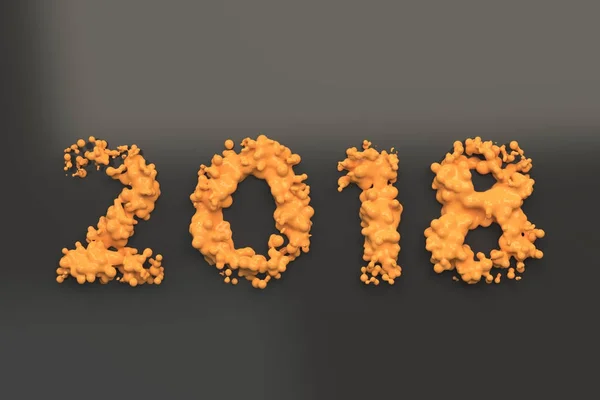 Siyah arka plan üzerine sıvı turuncu 2018 numarası ile damla — Stok fotoğraf