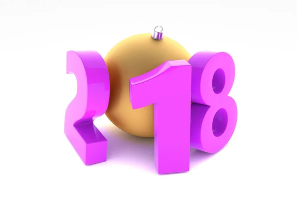 Neues Jahr 2018 violette Kunststofffiguren mit goldener Dekorationskugel — Stockfoto