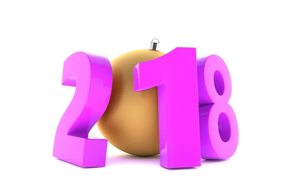 De kunststof cijfers 2018 Nieuwjaar violet met gouden decoratie bal — Stockfoto
