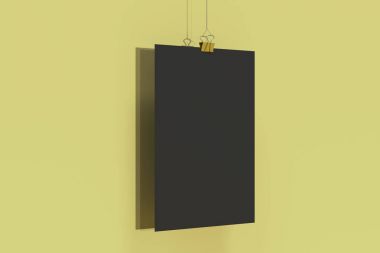 Ciltçi klibini mockup Sarı zemin üzerine boş siyah poster