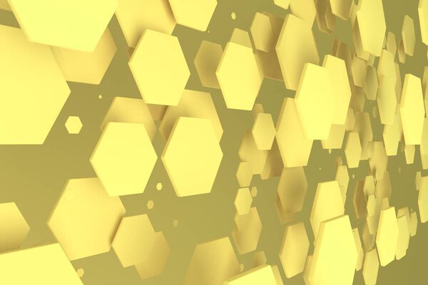 Yellow hexagons of random size on yellow background. Abstract background with hexagons. Cloud of hexagons in front of wall. 3D rendering illustration