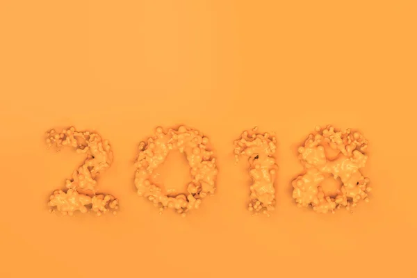 Flüssige orange Zahl 2018 mit Tropfen auf orangefarbenem Hintergrund — Stockfoto