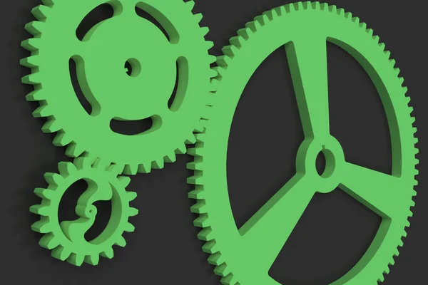 Set of green gears and cogs on black background — Stock Photo, Image