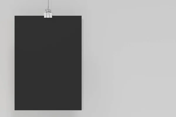 Cartaz preto em branco com mockup de grampo de aglutinante no fundo branco — Fotografia de Stock