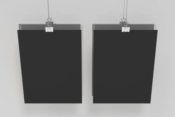 两个空白黑色海报与粘结剂白色背景上的剪辑样机 — 图库照片