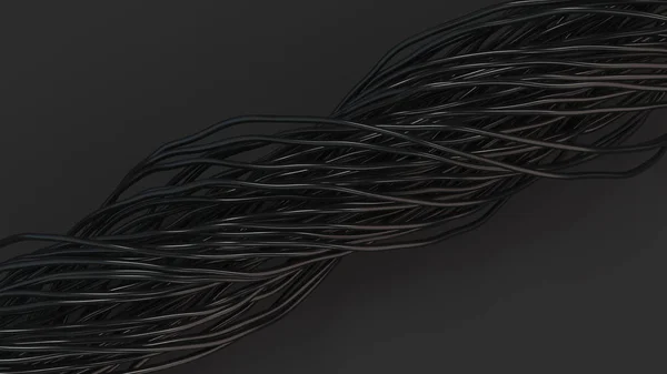 Gedraaide zwarte kabels en draden op zwarte ondergrond — Stockfoto