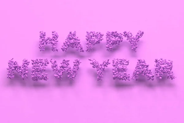 Щасливі новорічні слова з фіолетових кульок на фіолетовому фоні — стокове фото