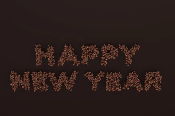 Felice anno nuovo parole da palline di cioccolato sul backgroun di cioccolato — Foto Stock