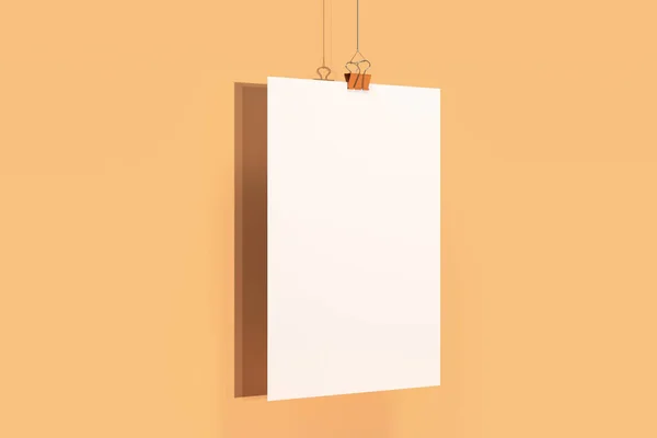 Cartel blanco en blanco con clip de encuadernación maqueta sobre fondo naranja — Foto de Stock