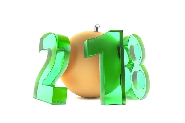 2018 Nieuwjaar groen glas cijfers met gouden decoratie bal — Stockfoto