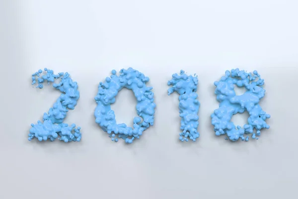 Flüssige blaue Zahl 2018 mit Tropfen auf weißem Hintergrund — Stockfoto